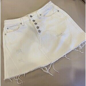 WE THE FREE Free People Distressed White Denim A-Line Mini Skirt Button Fly 29”